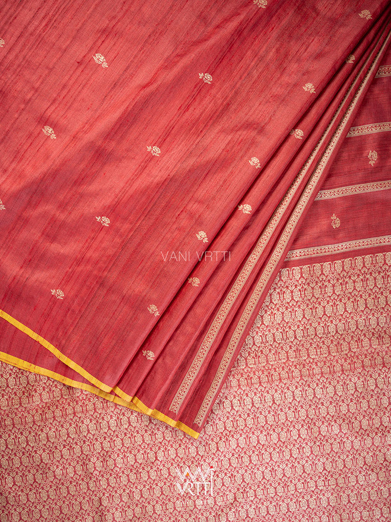 Ruby Red Gulab Jaal Master Weave Exclusive Handspun Tussar Silk Saree