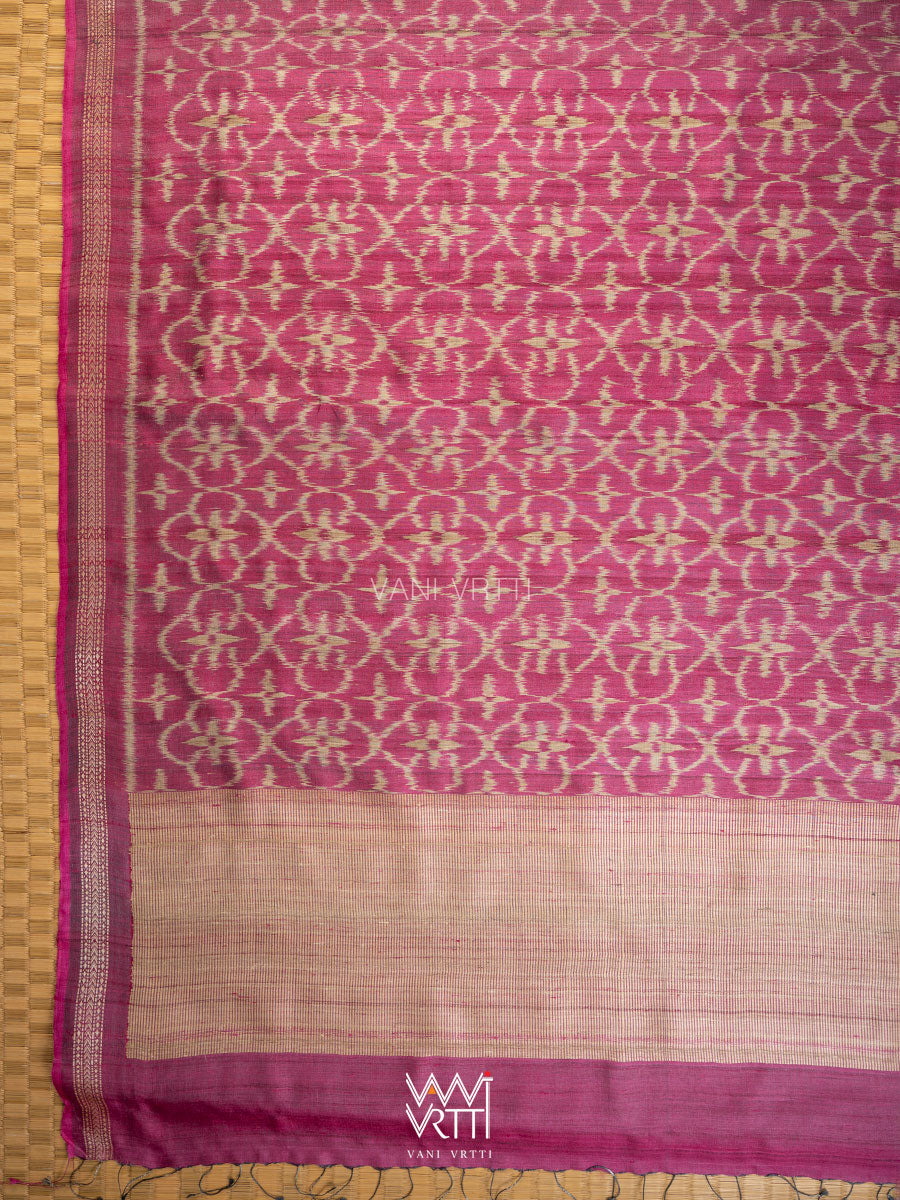 Deep Pink Chrysanthemum Master Weave Designer Handspun Ikat Tussar Silk Saree