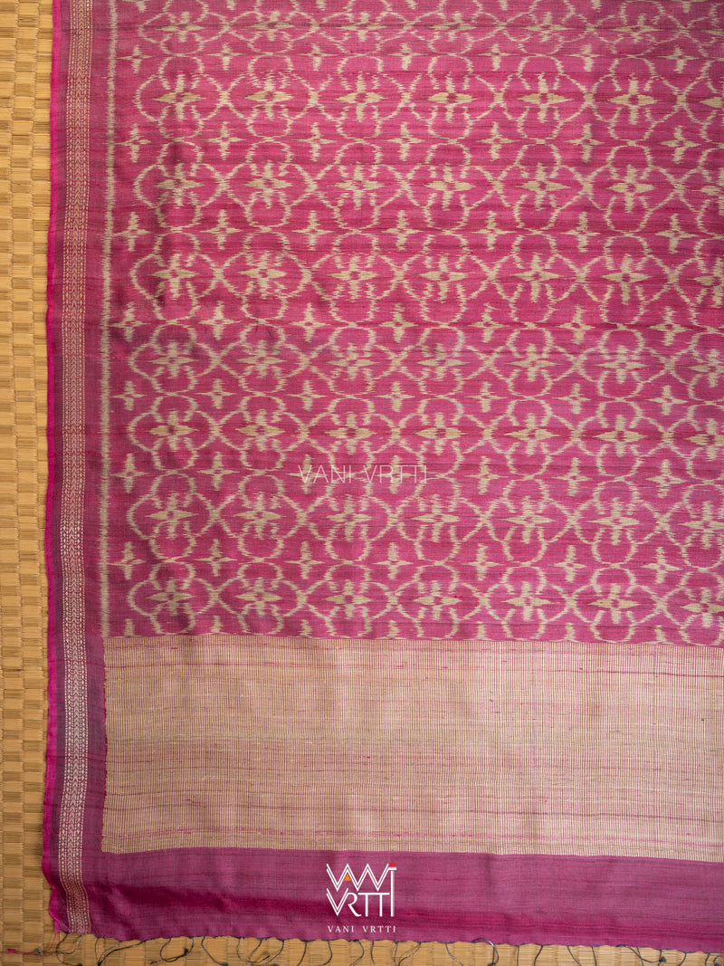 Deep Pink Chrysanthemum Master Weave Designer Handspun Ikat Tussar Silk Saree