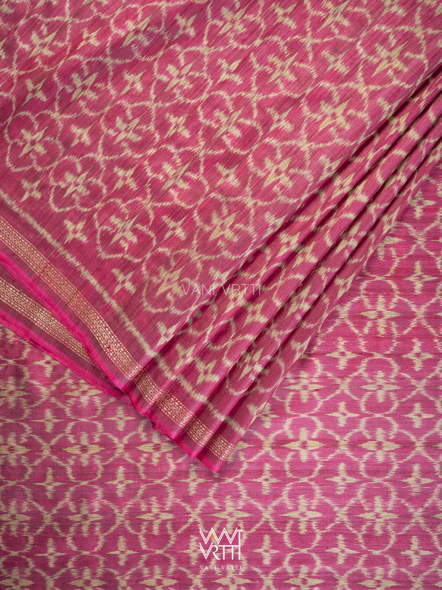 Deep Pink Chrysanthemum Master Weave Designer Handspun Ikat Tussar Silk Saree