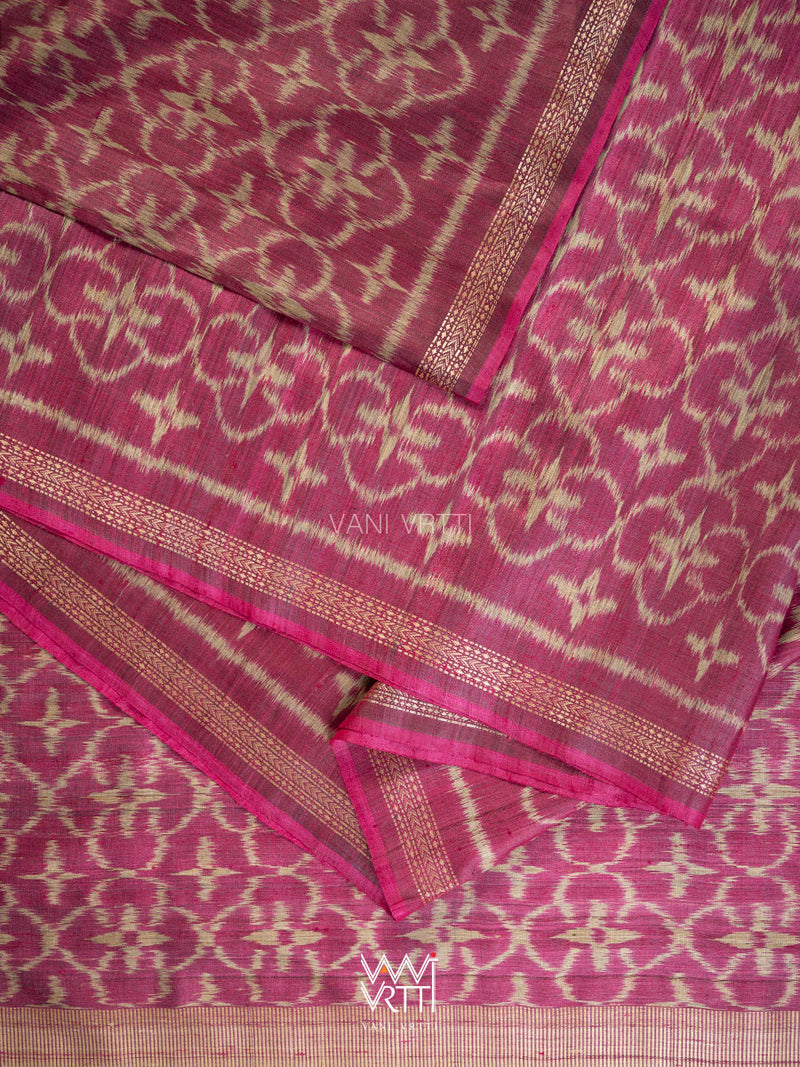 Deep Pink Chrysanthemum Master Weave Designer Handspun Ikat Tussar Silk Saree