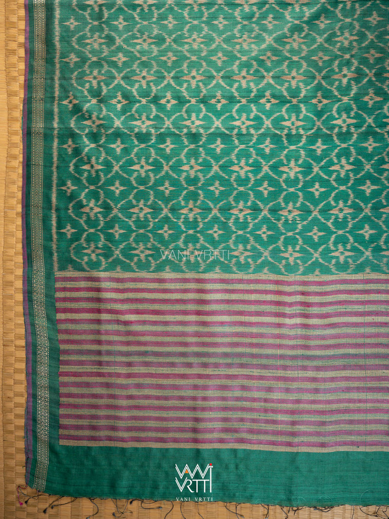 Deep Teal Green Chrysanthemum Master Weave Designer Handspun Ikat Tussar Silk Sari