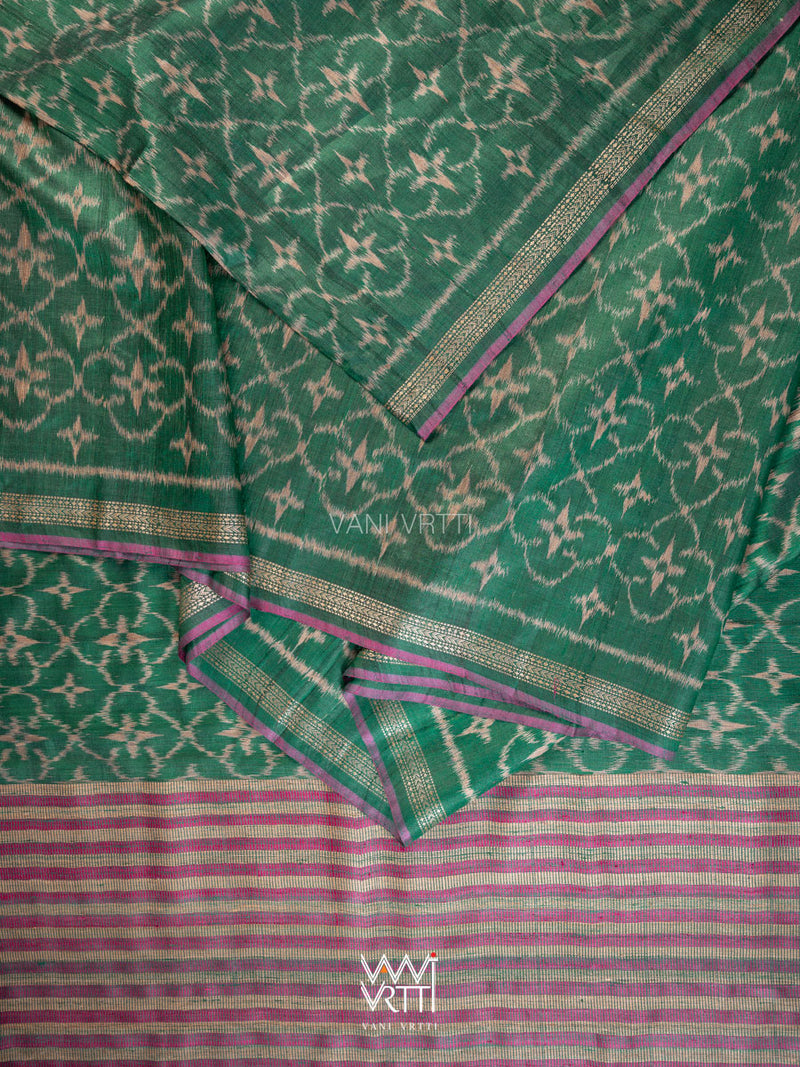 Deep Teal Green Chrysanthemum Master Weave Designer Handspun Ikat Tussar Silk Sari