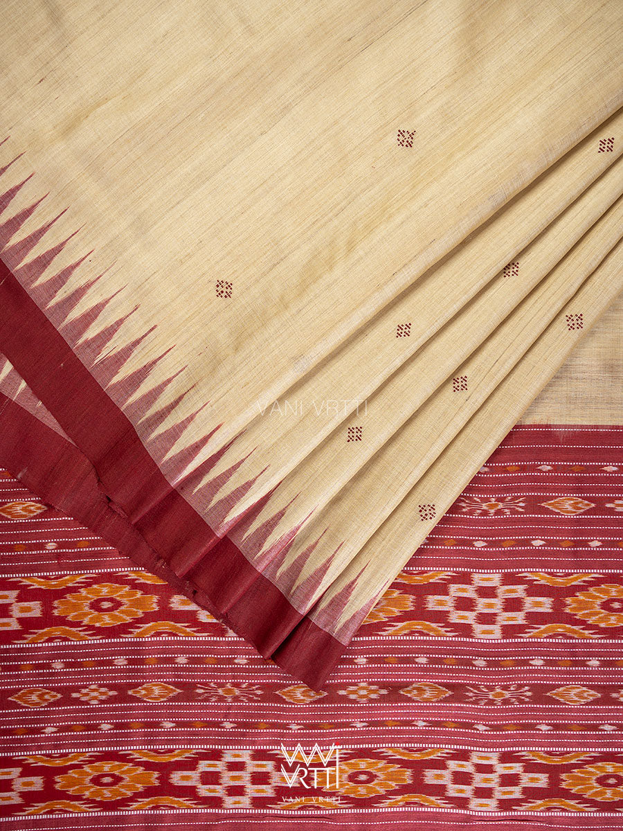 Off White Coffee Ikat Traditional Gopalpur Handspun Tussar Silk Saree