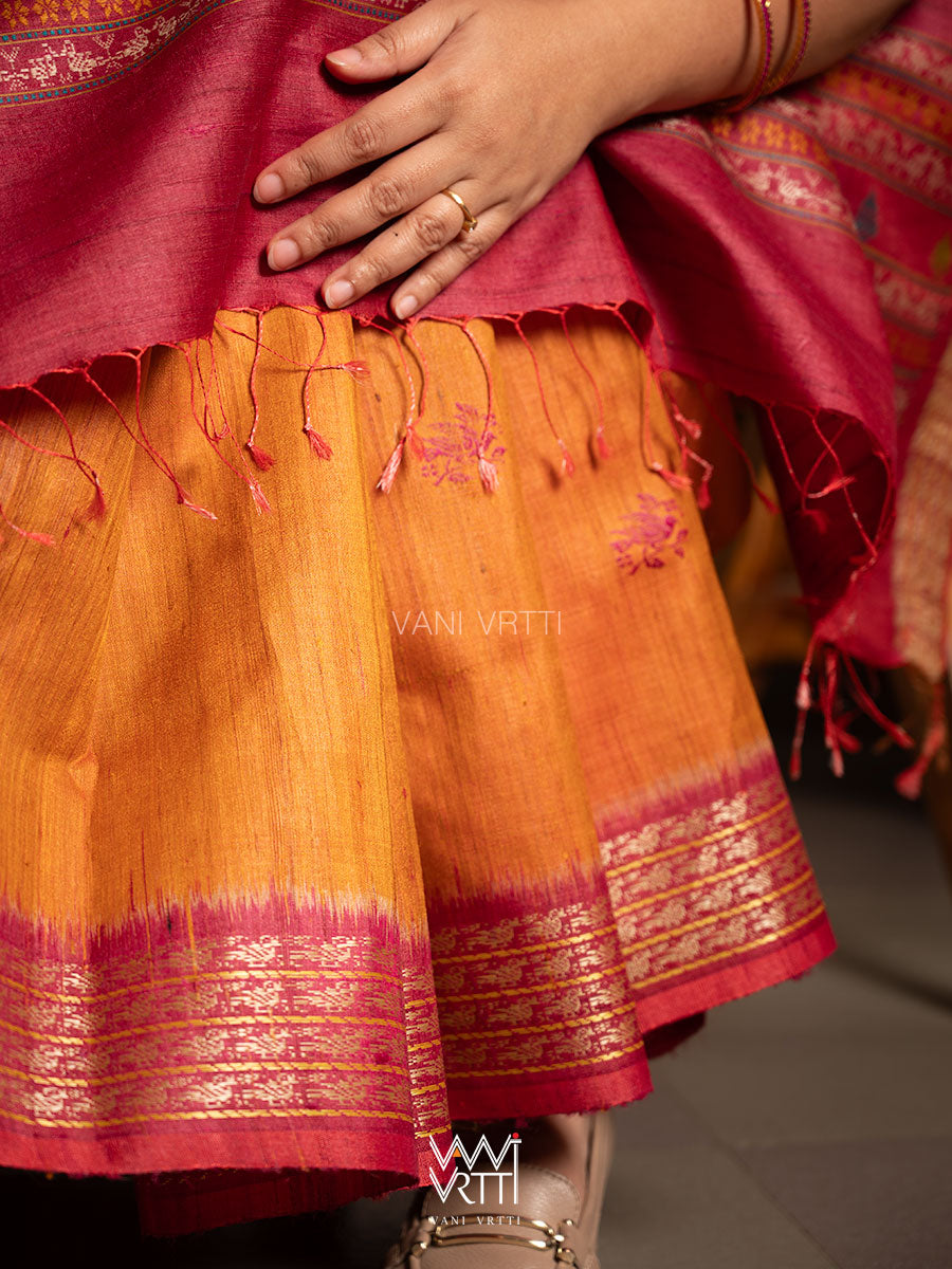 Orange Pink Nightingale Master Weave Exclusive Handspun Tussar Silk Saree