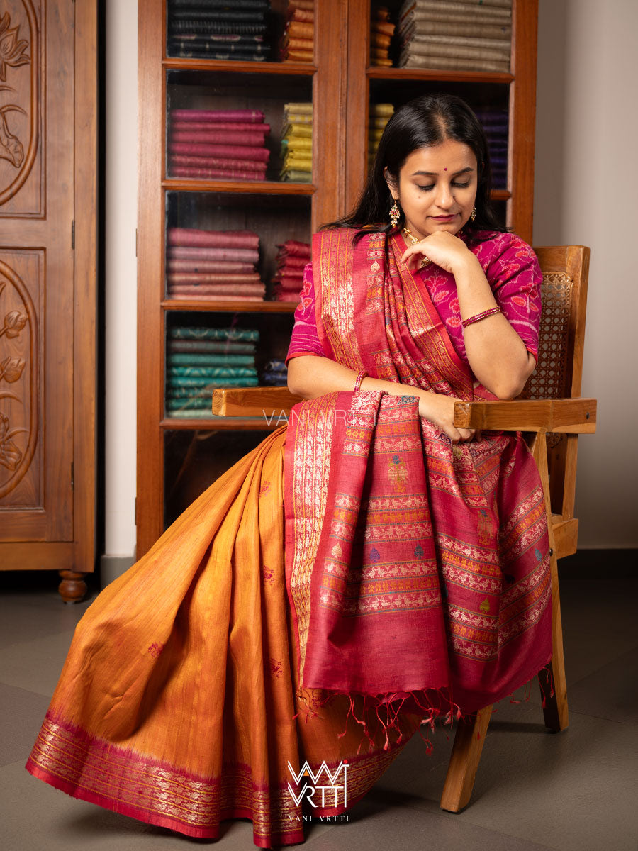 Orange Pink Nightingale Master Weave Exclusive Handspun Tussar Silk Saree