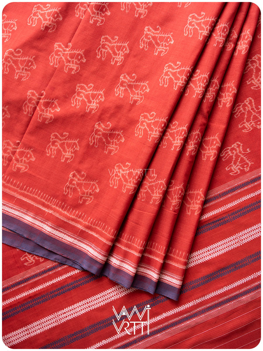 Manjistha Red Singha Lion Natural Dyed Cotton Ikat Saree