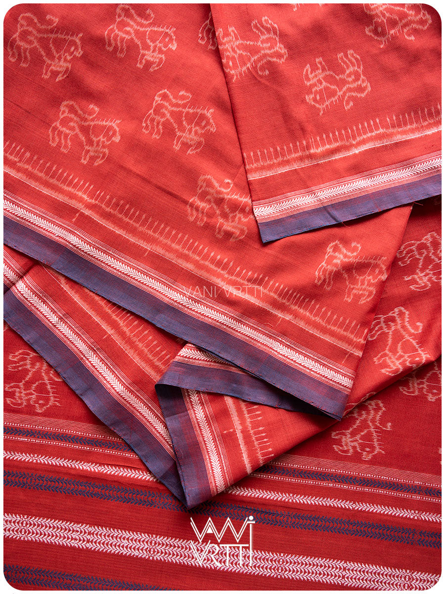 Manjistha Red Singha Lion Natural Dyed Cotton Ikat Saree