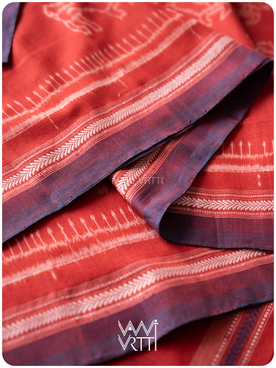 Manjistha Red Singha Lion Natural Dyed Cotton Ikat Saree