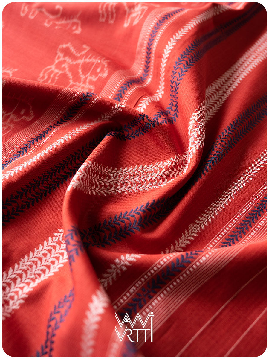 Manjistha Red Singha Lion Natural Dyed Cotton Ikat Saree
