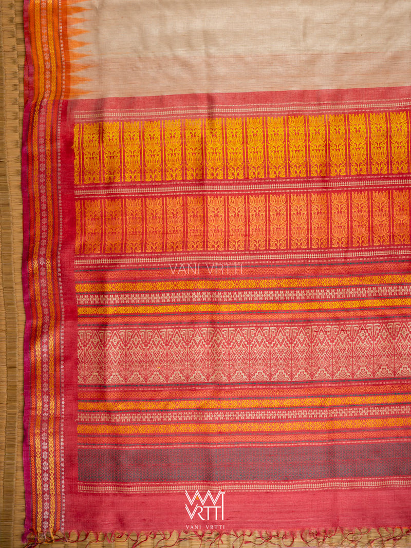 Off White Red Orange Ananta Tussar Silk Saree