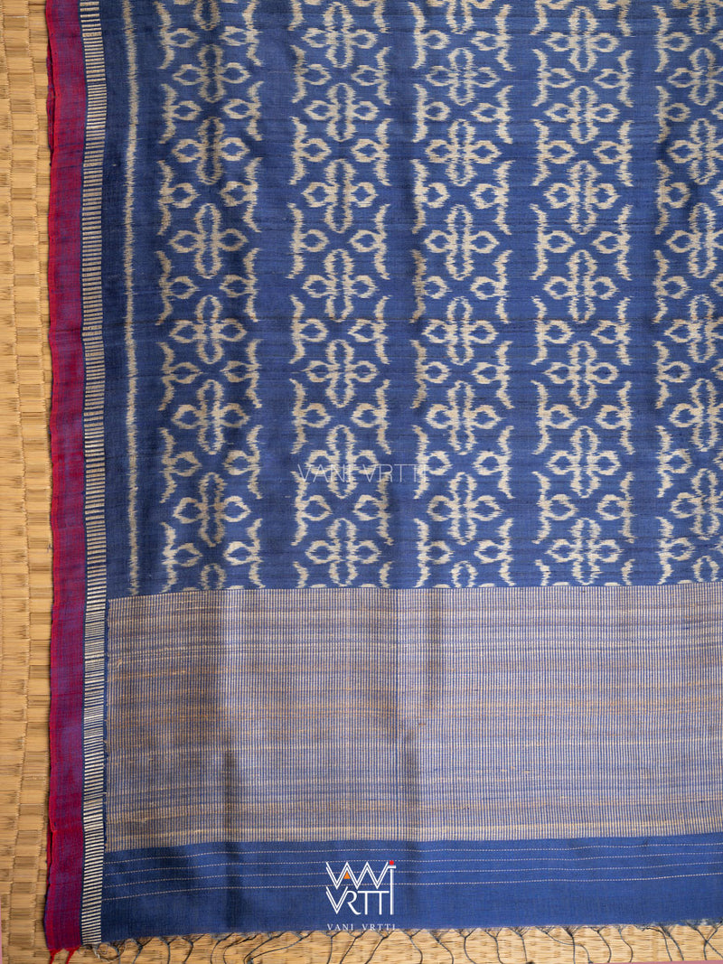 Royal Blue Ashok Phool Ikat Handspun Tussar Silk Saree