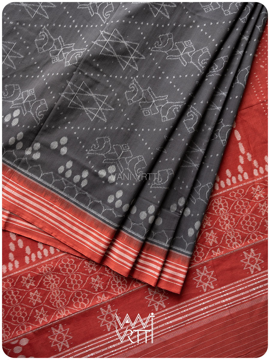 Black Red Jotai Natural Dyed Cotton Ikat Saree