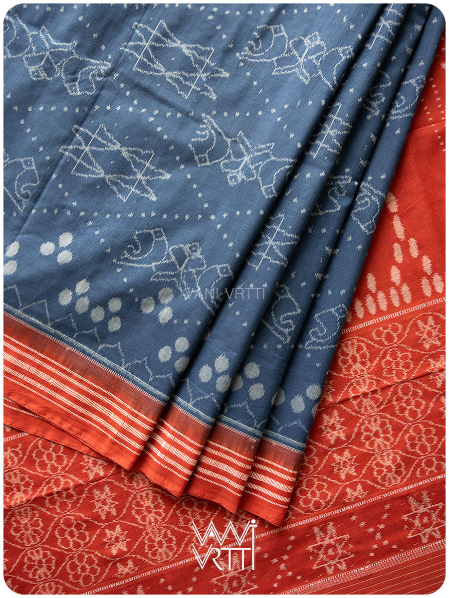 Indigo Blue Red Jotai Natural Dyed Cotton Ikat Saree