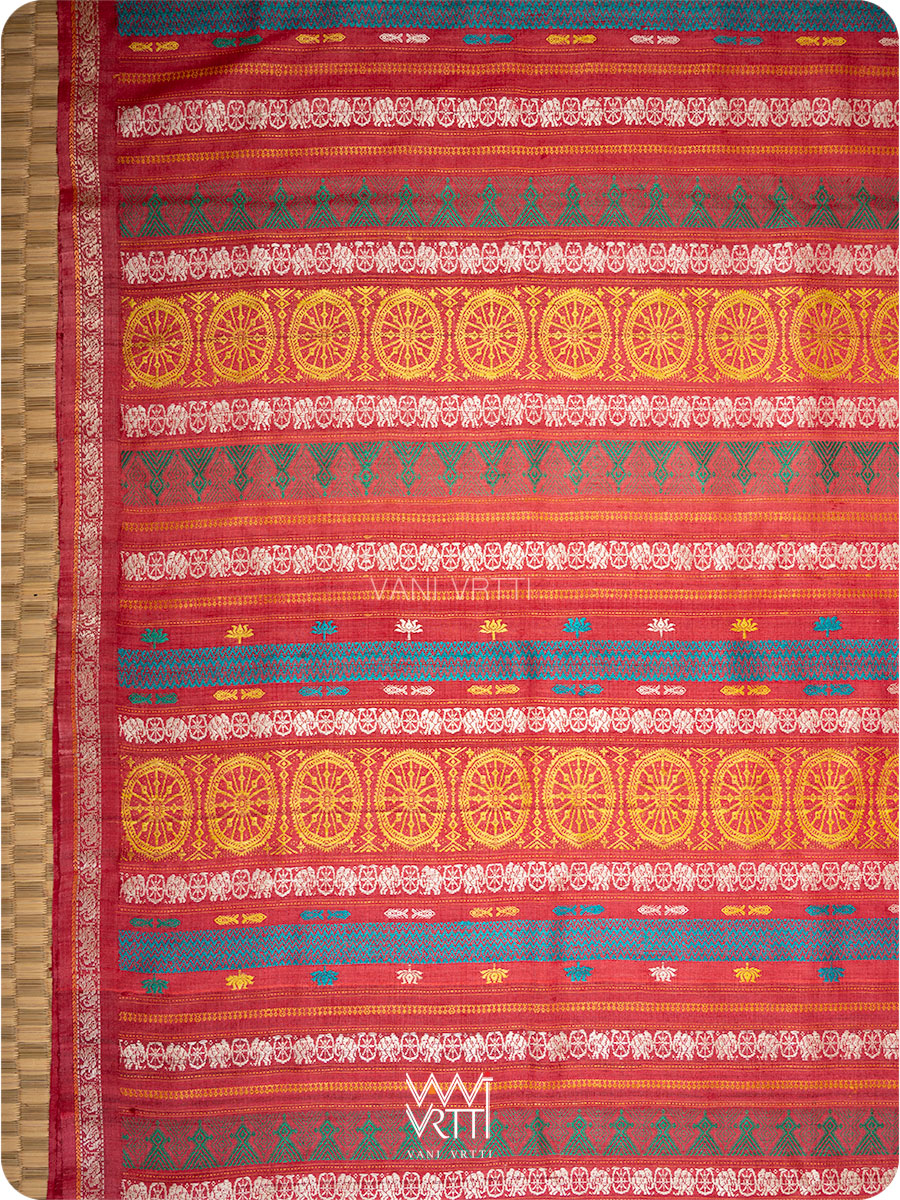 Double pallu detail showing lotus flowers and Airavata border on tussar silk