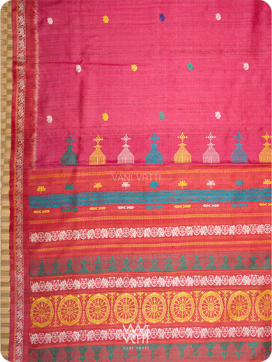 Body motifs close up on pink red handspun tussar silk Konark saree