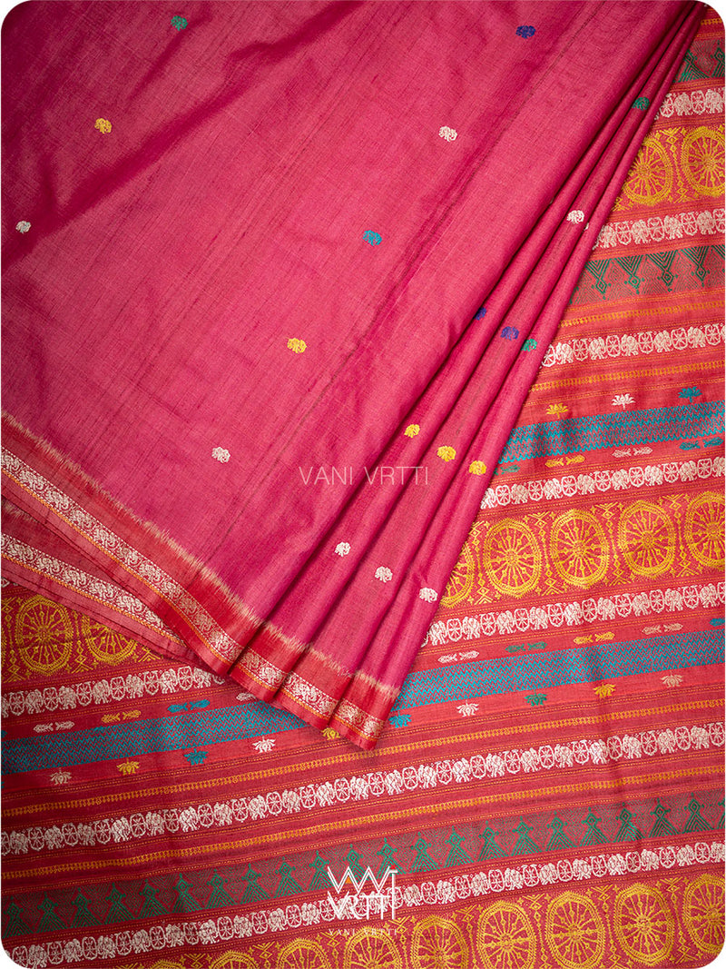 Pink red handspun tussar silk Konark saree in full view