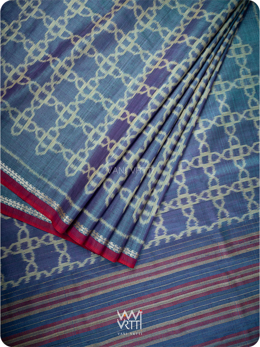 Purple Firozi Mughal Jaal Ikat Handspun Tussar Silk Saree