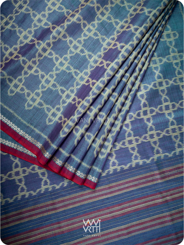 Purple Firozi Mughal Jaal Ikat Handspun Tussar Silk Saree