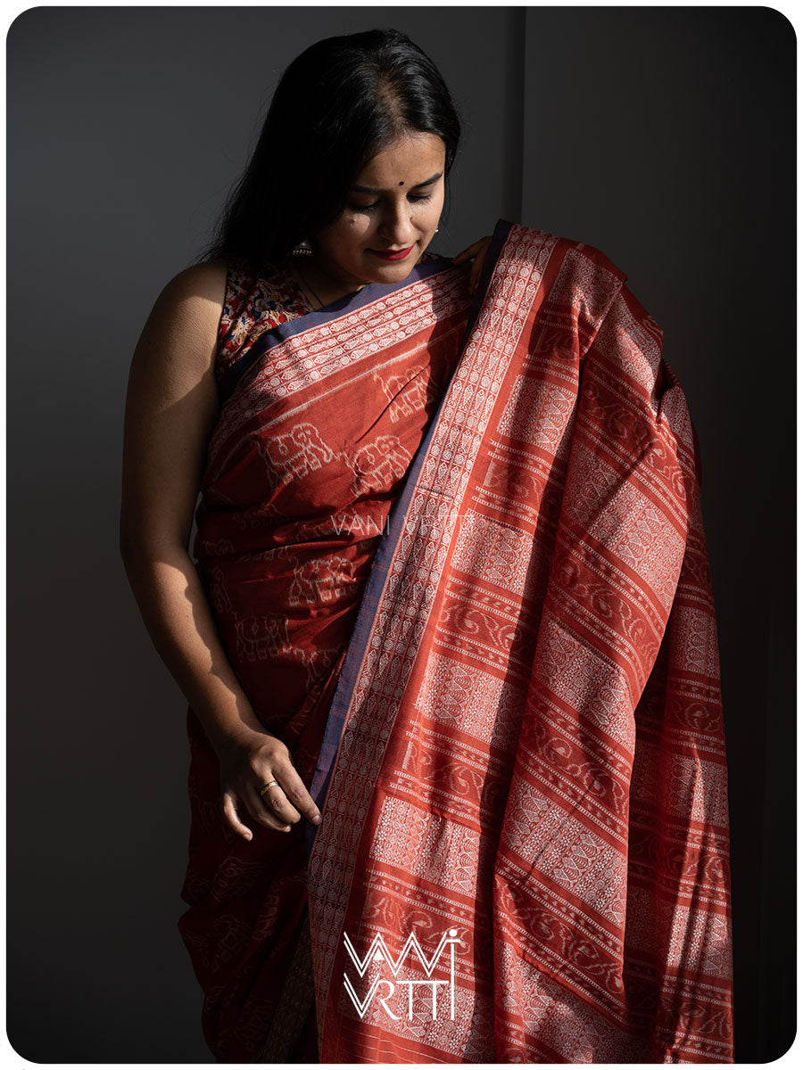 Madder Elephant Natural Dyed Cotton Ikat Saree