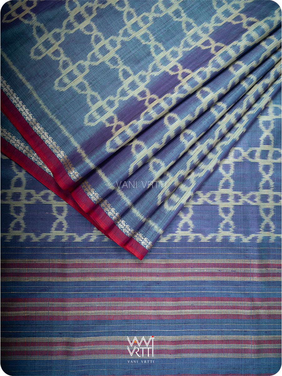 Purple Firozi Mughal Jaal Ikat Handspun Tussar Silk Saree