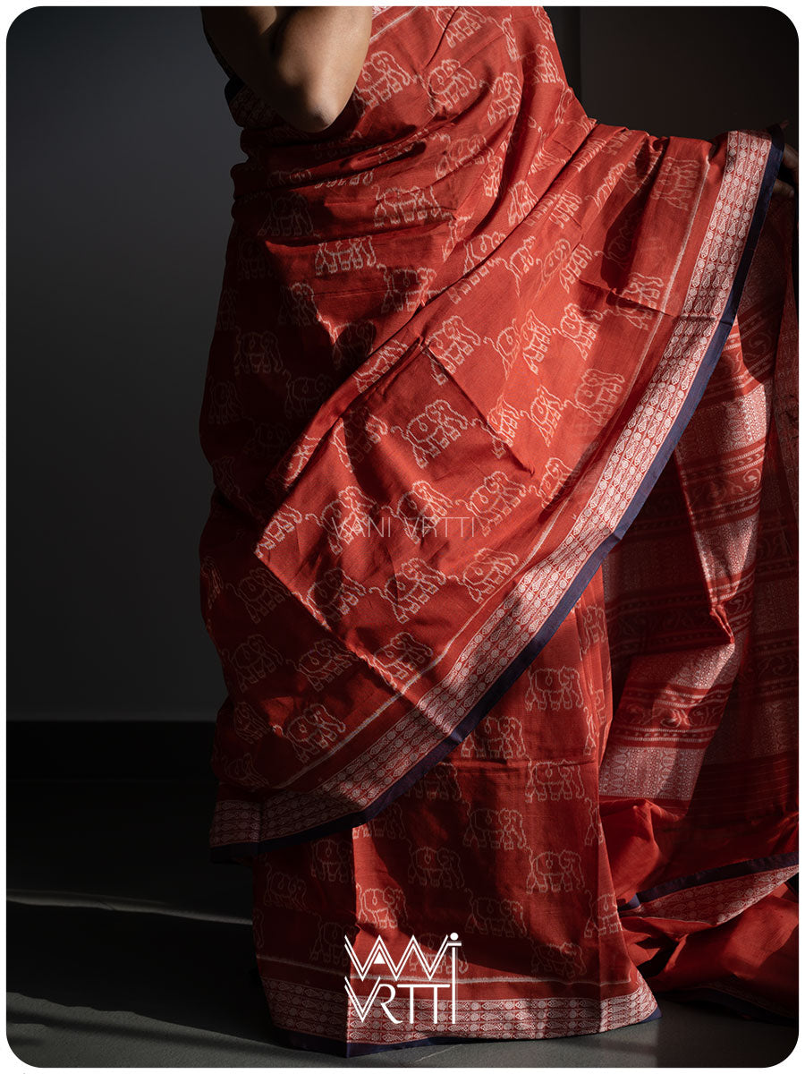 Madder Elephant Natural Dyed Cotton Ikat Saree