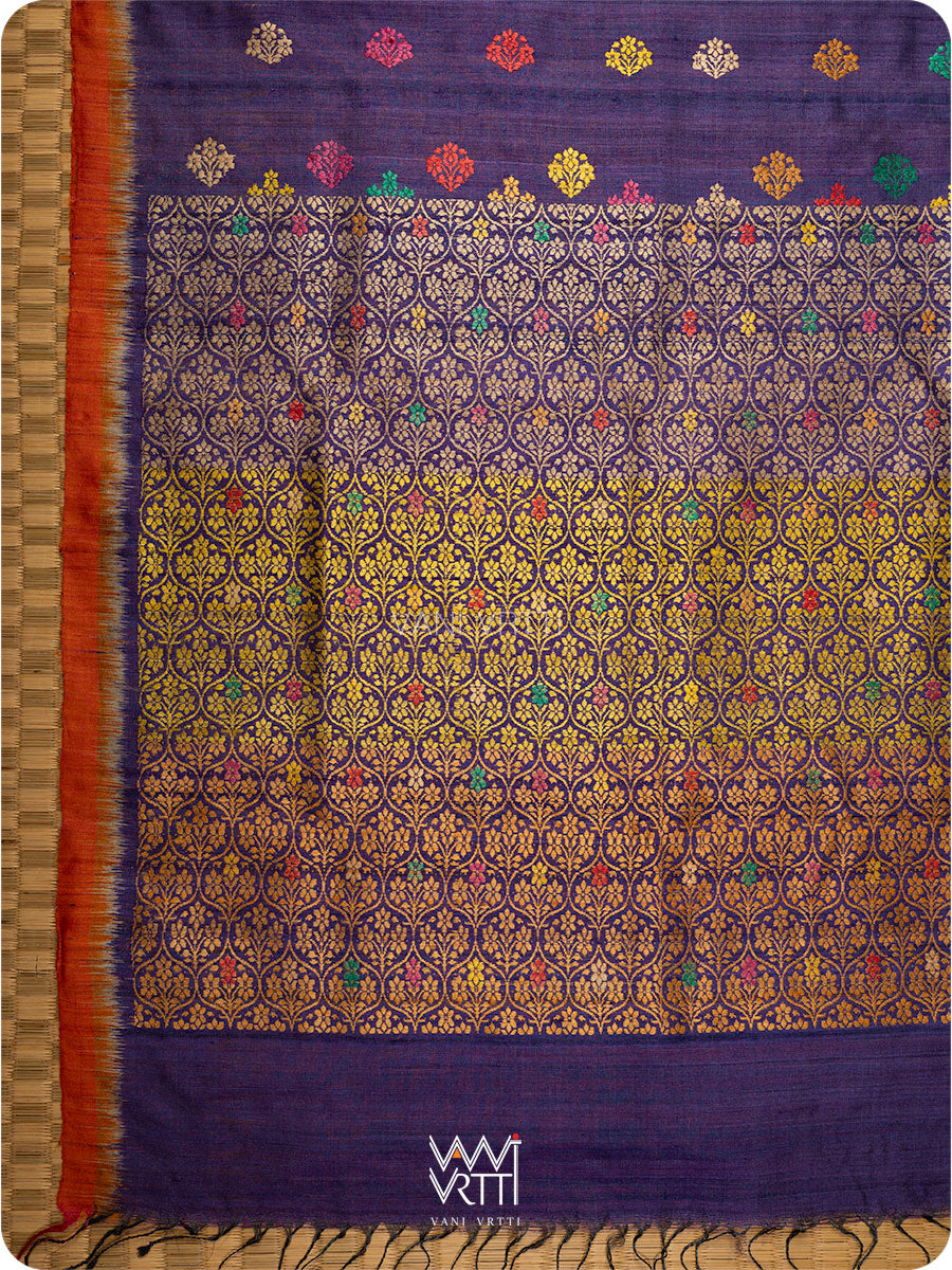 Purple Orange Parijat Meena Design Handspun Tussar Silk Saree