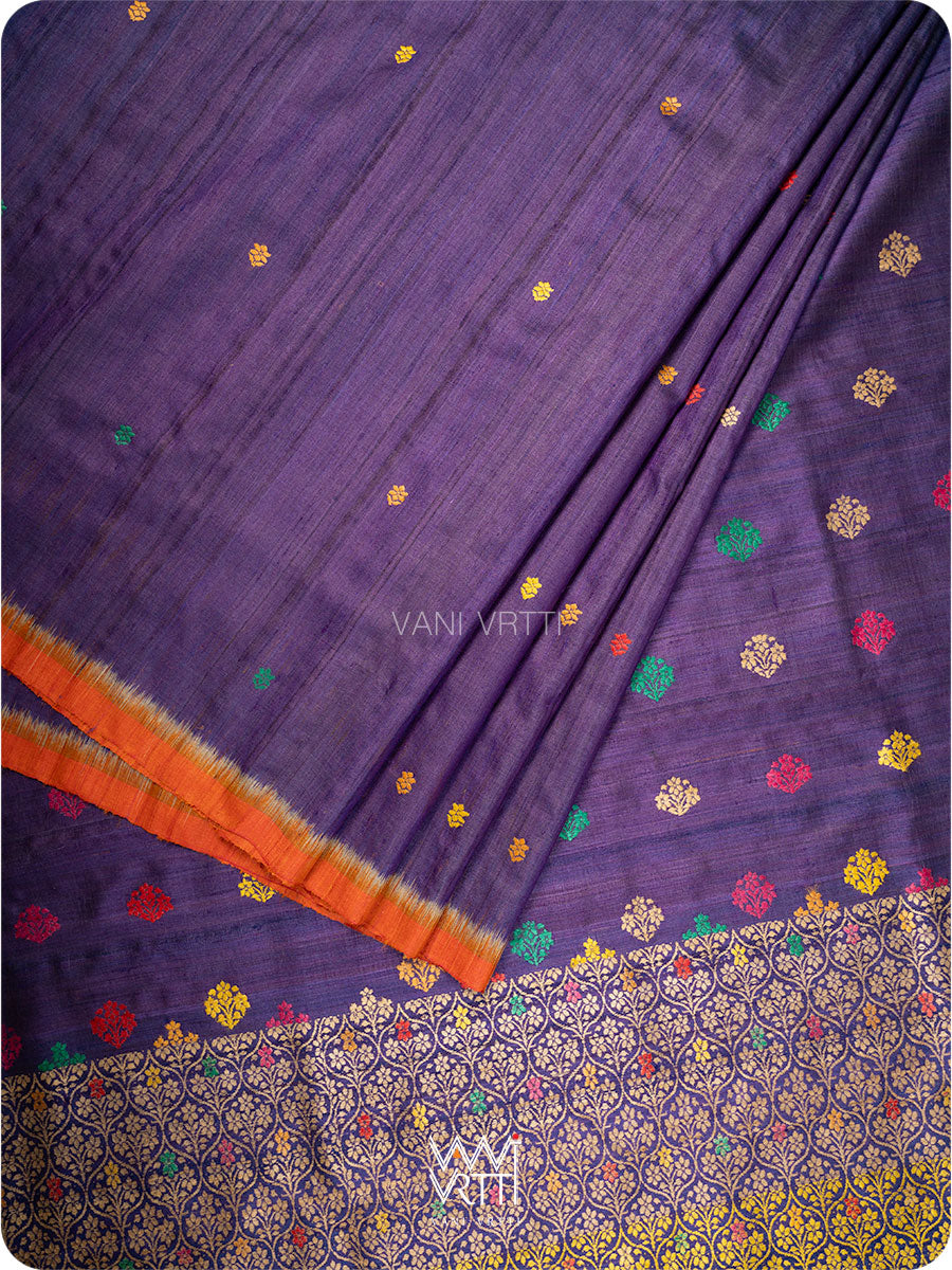 Purple Orange Parijat Meena Design Handspun Tussar Silk Saree