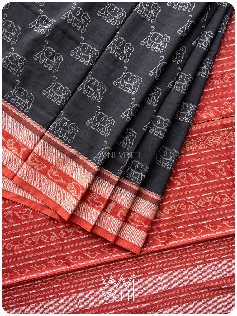 Black Red Hathi Natural Dyed Cotton Ikat Saree