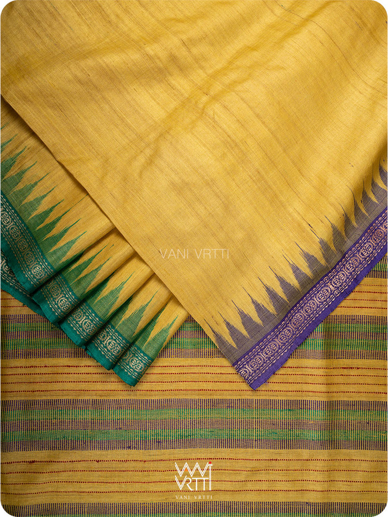 Aarush saree in yellow, purple, and green handspun tussar silk, full view