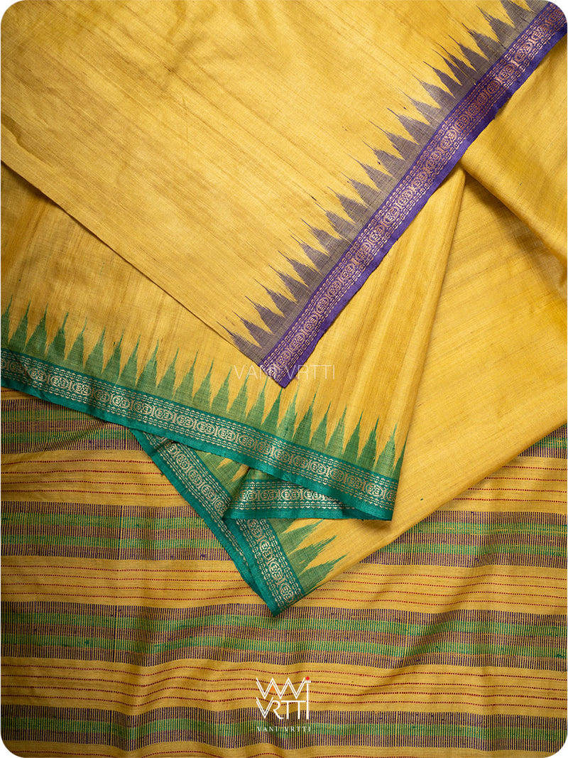 Dobby texture close-up of Aarush tussar silk saree in yellow and green