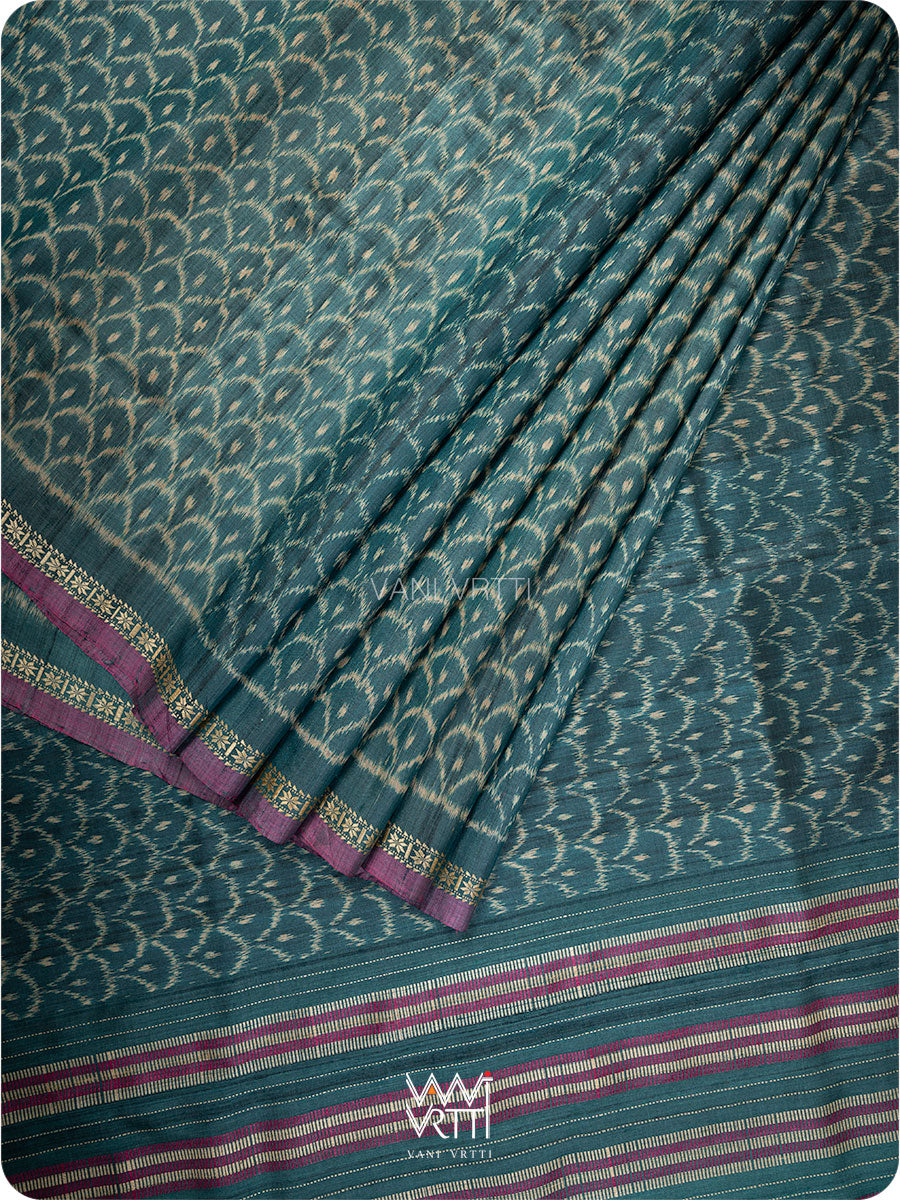 Deep Teal Samudra Lahar Ikat Handspun Tussar Silk Saree
