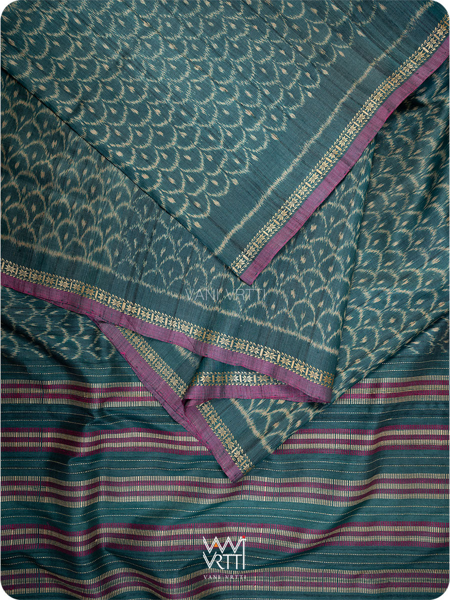 Deep Teal Samudra Lahar Ikat Handspun Tussar Silk Saree