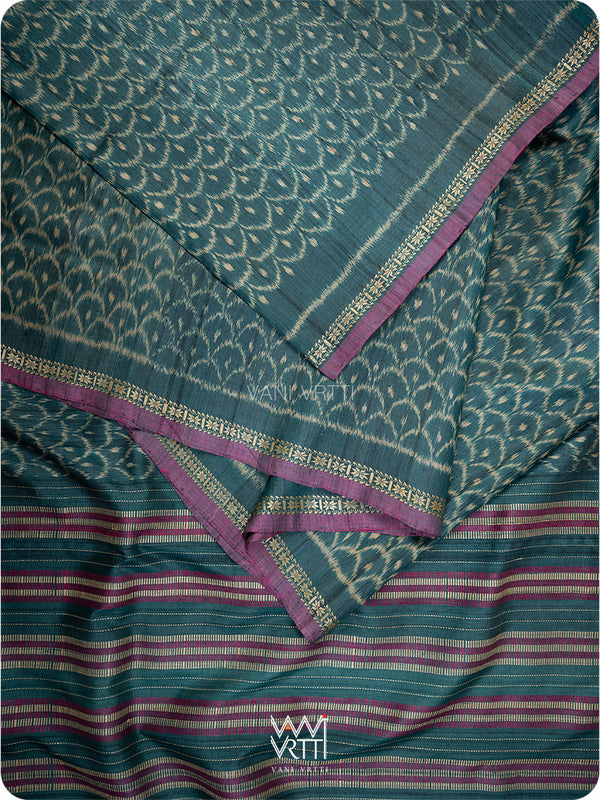 Deep Teal Samudra Lahar Ikat Handspun Tussar Silk Saree