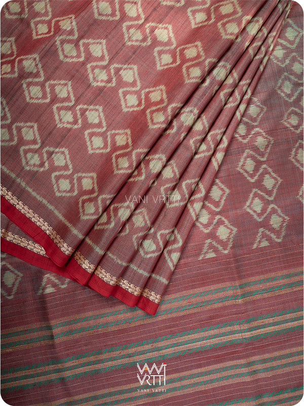 Red Firozi Santati Ikat Handspun Tussar Silk Saree