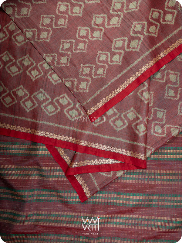 Red Firozi Santati Ikat Handspun Tussar Silk Saree