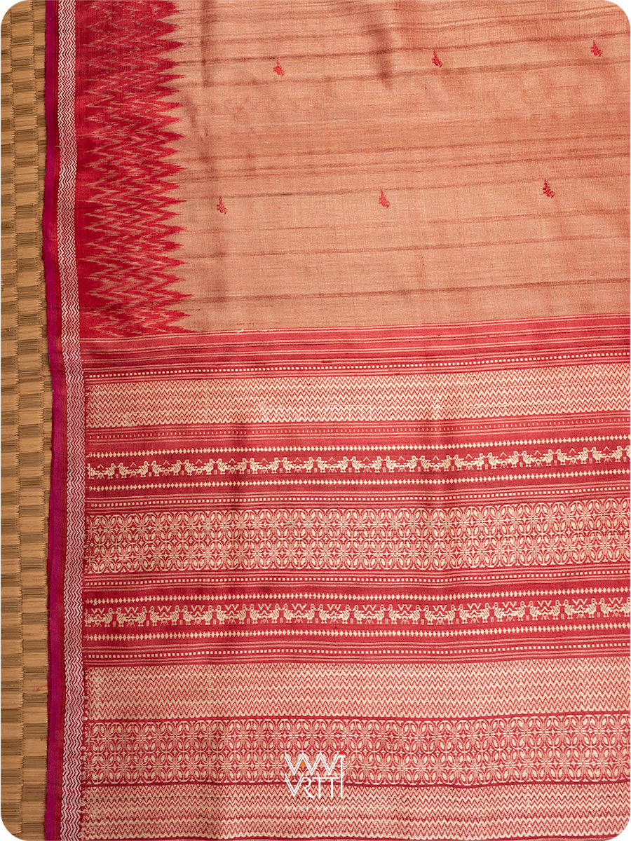 Peach Red Nabh Butterfly Handspun Tussar Silk Saree