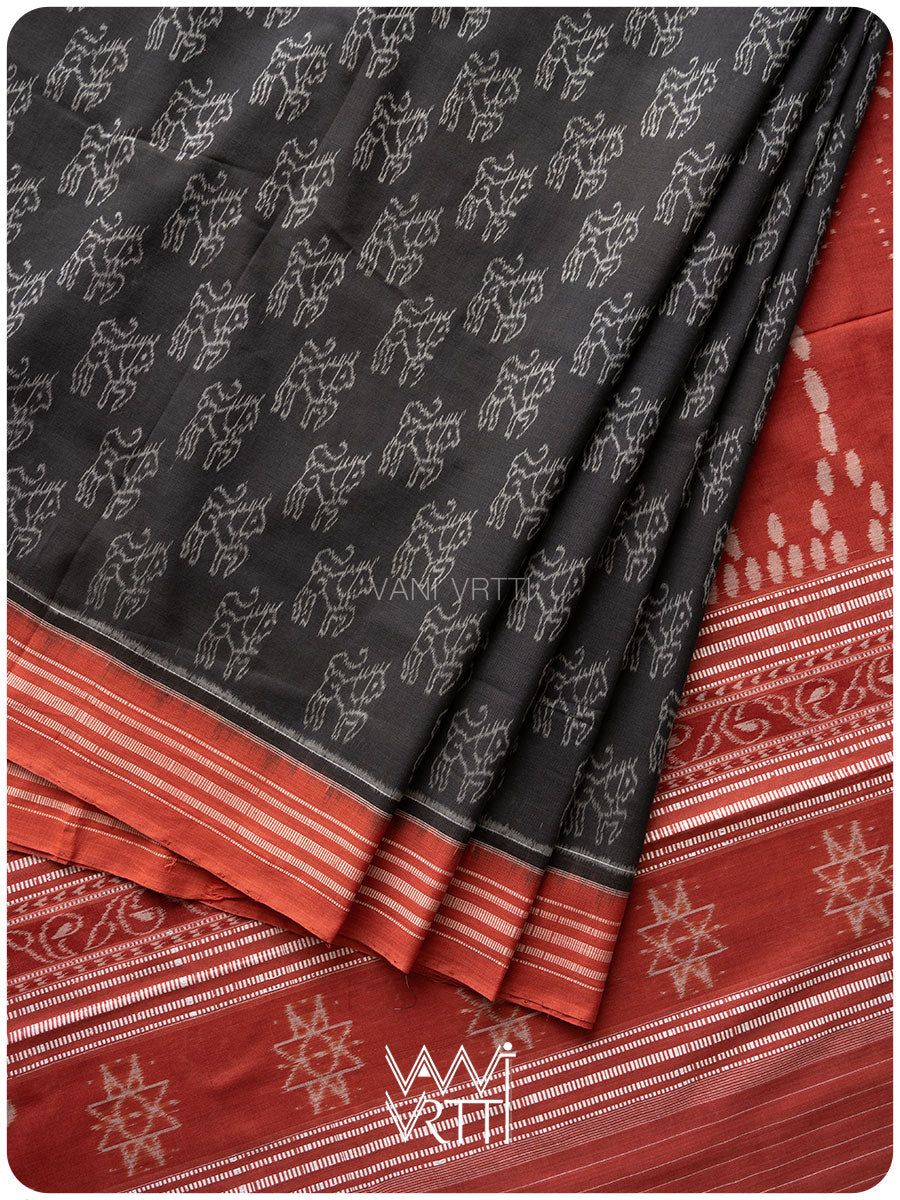 Black Red Lion Natural Dyed Cotton Ikat Saree