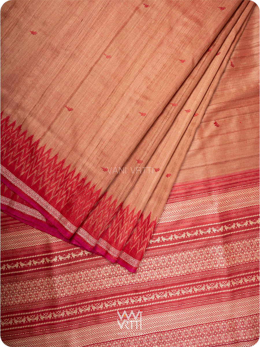 Peach Red Nabh Butterfly Handspun Tussar Silk Saree