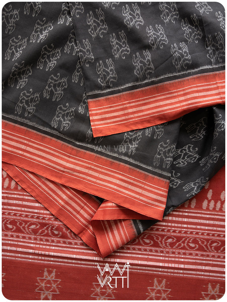 Black Red Lion Natural Dyed Cotton Ikat Saree