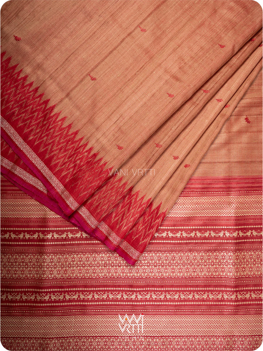 Peach Red Nabh Butterfly Handspun Tussar Silk Saree