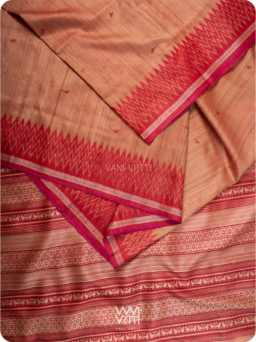 Peach Red Nabh Butterfly Handspun Tussar Silk Saree