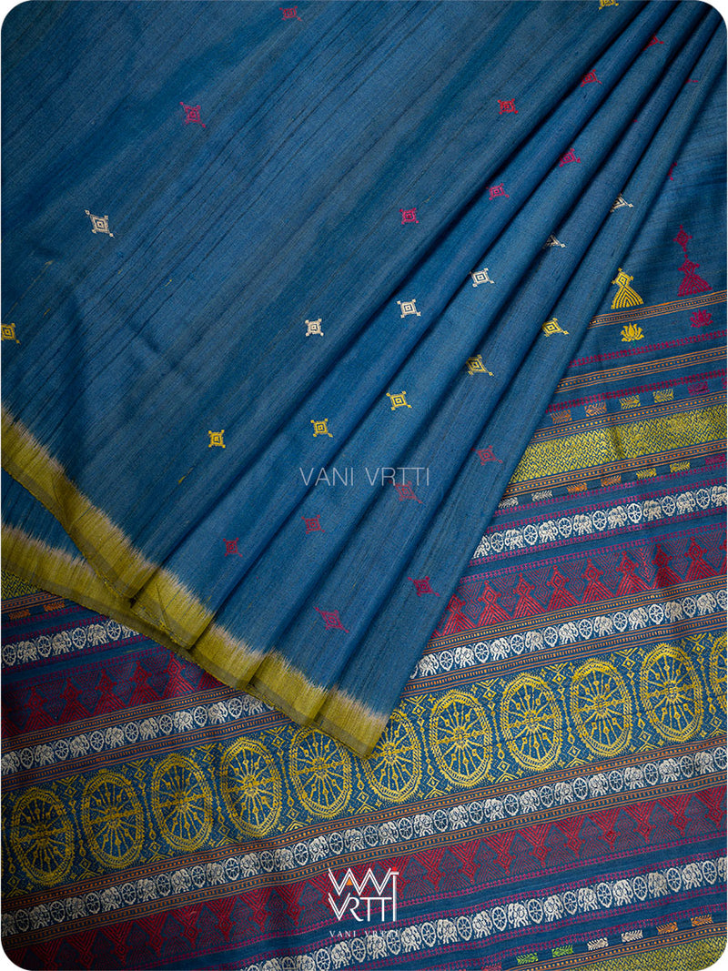 Indigo and mehendi green handspun tussar silk saree in full view