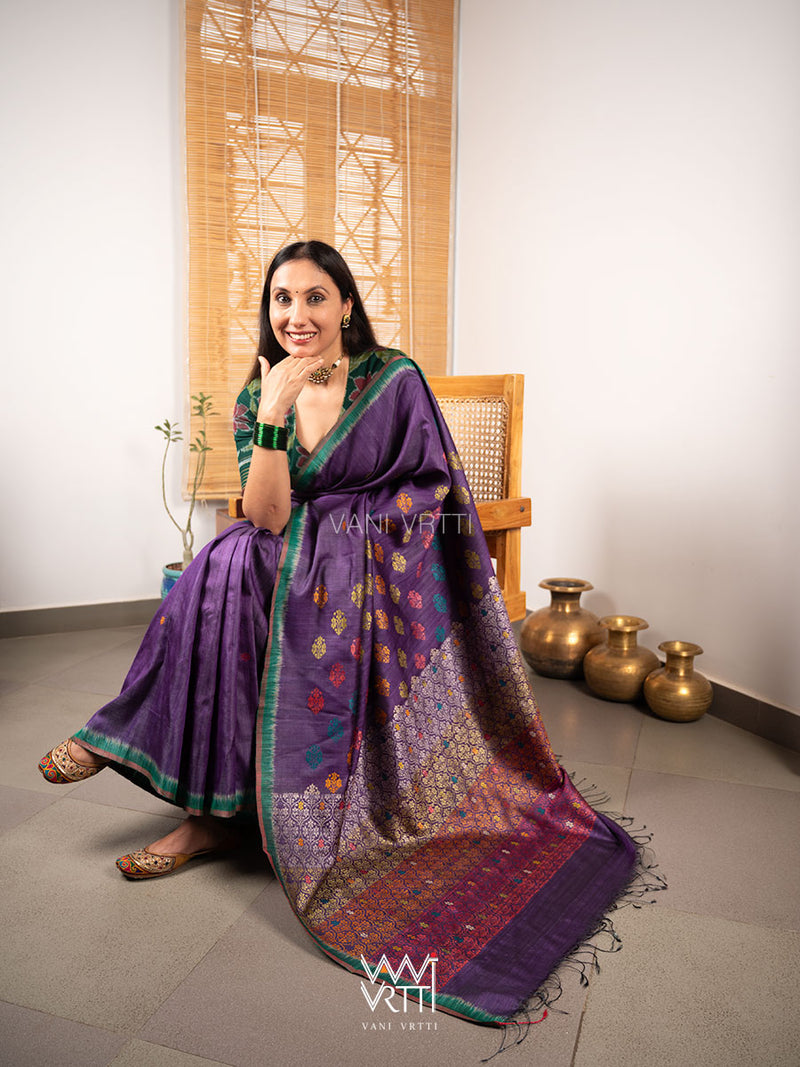 Purple Green Parijat Handspun Tussar Silk Saree