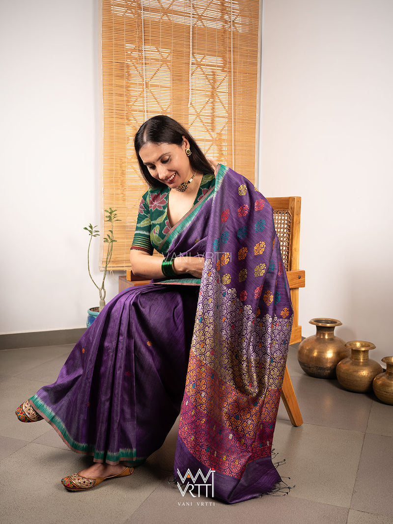 Purple Green Parijat Handspun Tussar Silk Saree