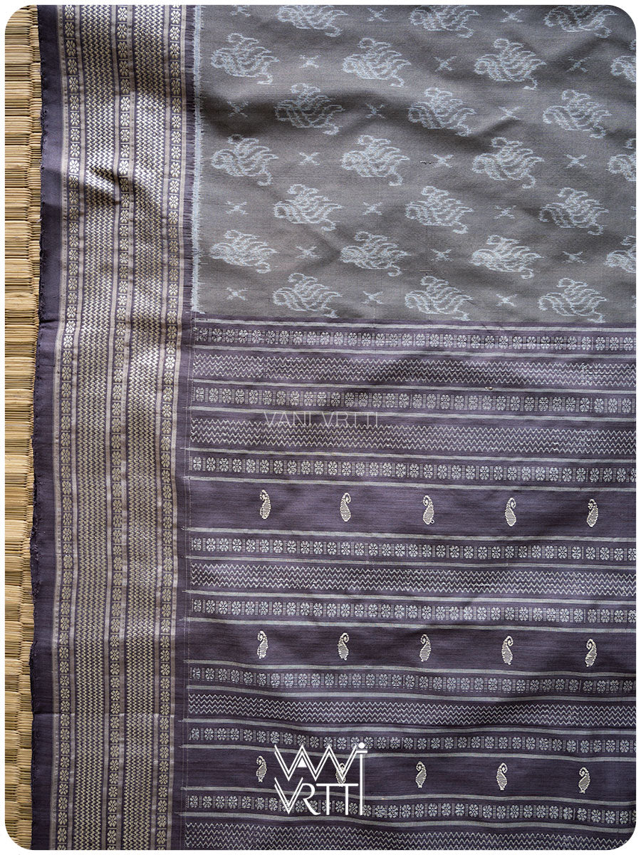 Grey Lilac Fern Butta Tea Leaf Natural Dyed Mulberry Silk Ikat Saree