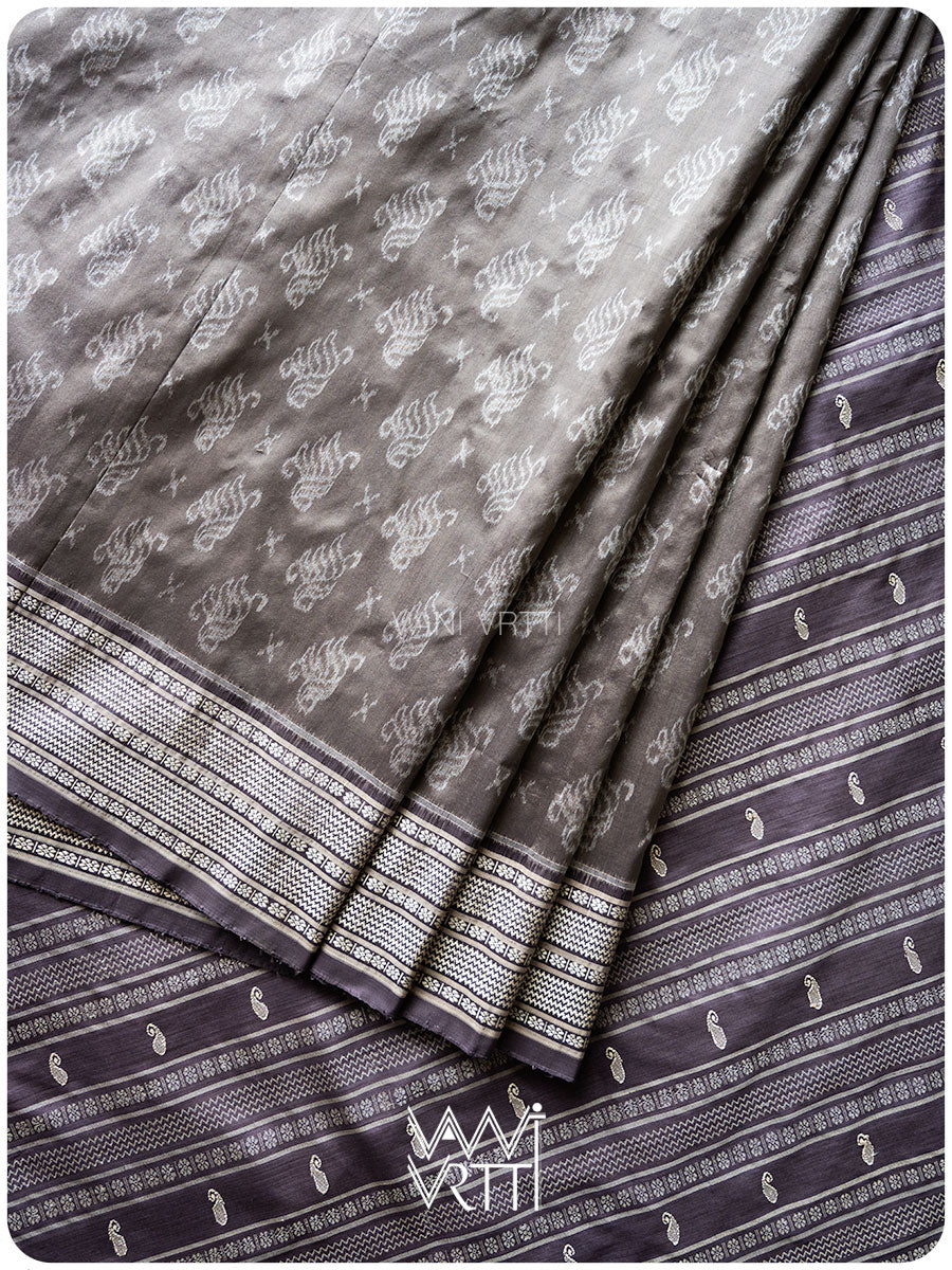 Grey Lilac Fern Butta Tea Leaf Natural Dyed Mulberry Silk Ikat Saree