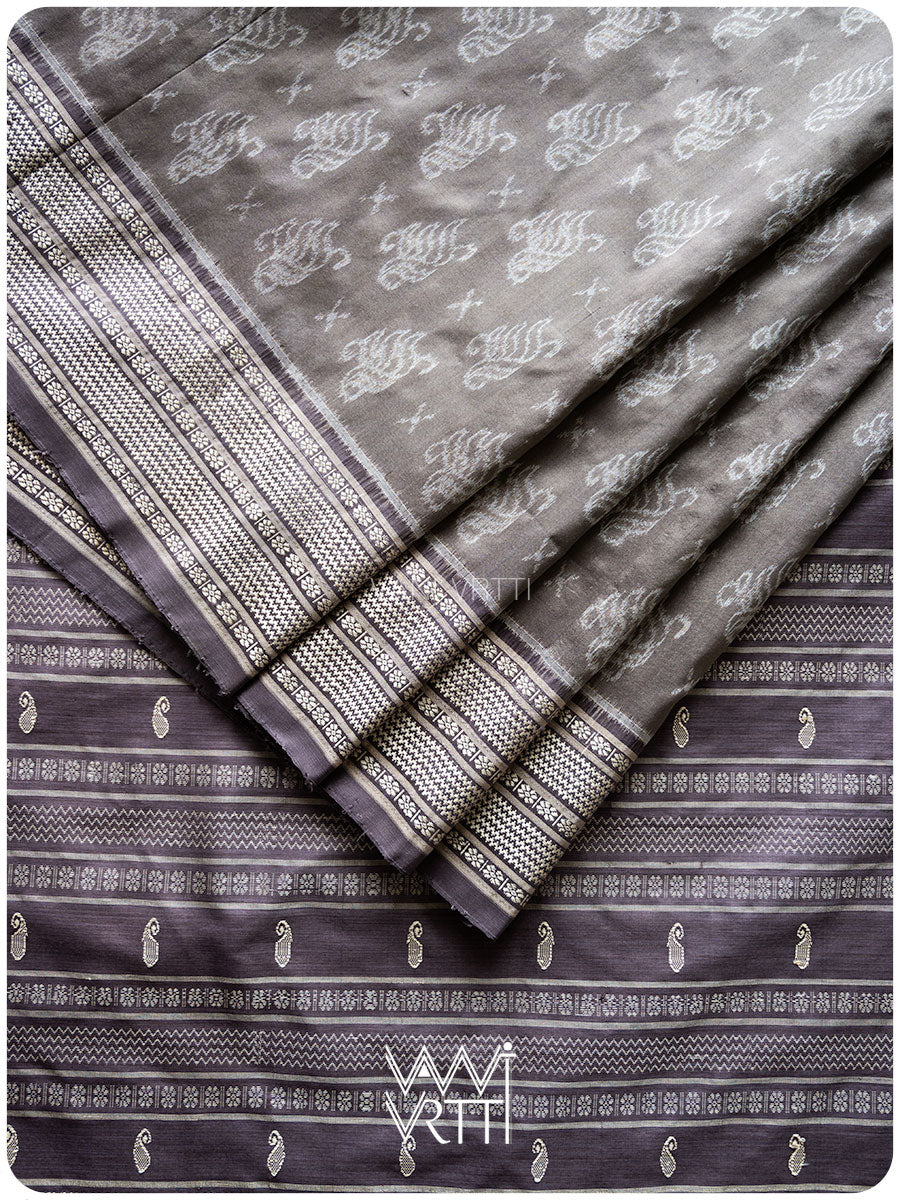 Grey Lilac Fern Butta Tea Leaf Natural Dyed Mulberry Silk Ikat Saree