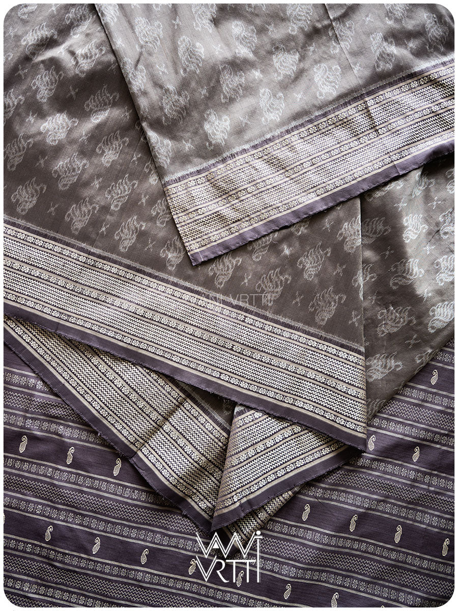 Grey Lilac Fern Butta Tea Leaf Natural Dyed Mulberry Silk Ikat Saree