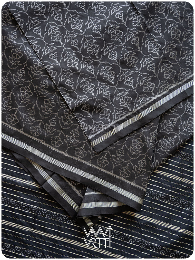 Black Hibiscus Iron Rust Natural Dyed Mulberry Silk Ikat Saree